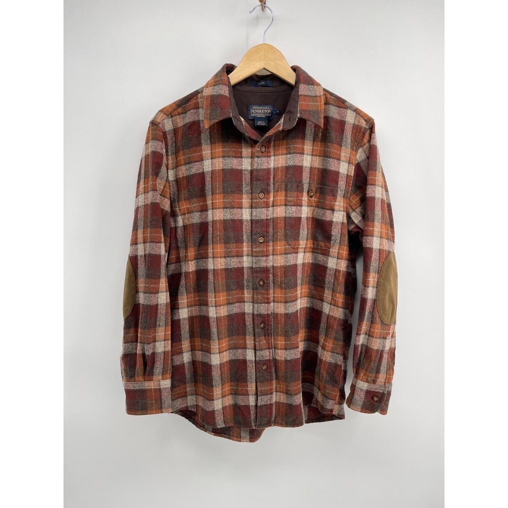Pendleton Trail Shirt Mens Medium Plaid Wool Blend Elbow Patches Brown Rust
